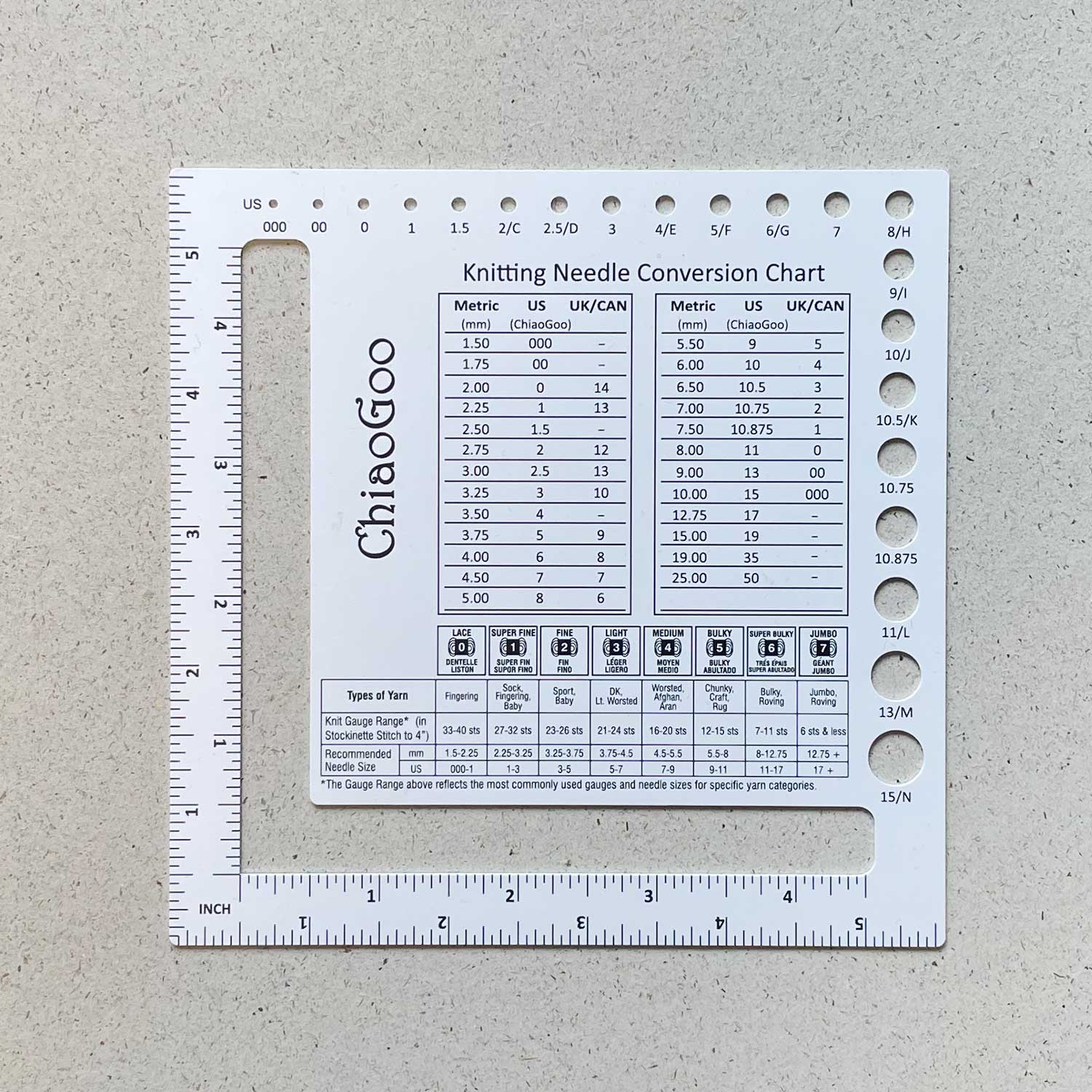 RÈGLE À ÉCHANTILLON de CONVERSION AIGUILLES et CROCHETS de ChiaoGoo