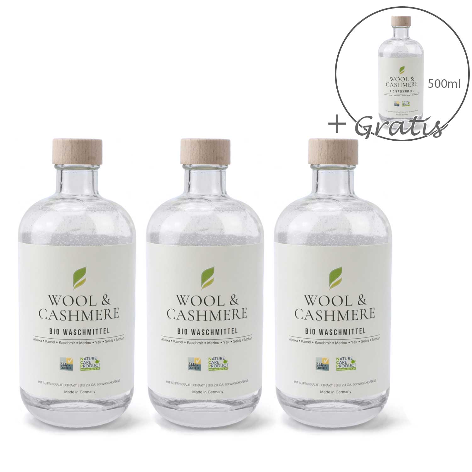 3 x 500ml + 1 bottle free organic detergent Wool & Cashmere Concentrate VEGAN up to approx. 50 WASHES Delicate detergent